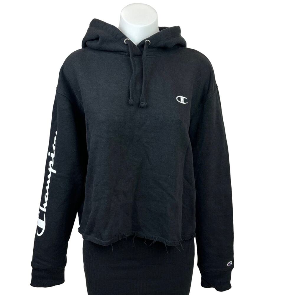 Champion Womens Black Cropped Distressed Long Sleeve Hooded Sweatshirt Sweater L